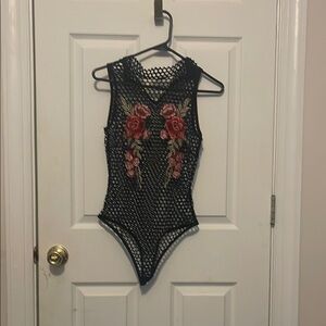 Floral Embroidered Black Mesh Kids One Piece